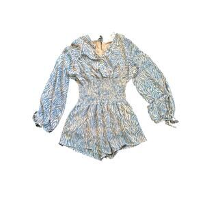 Just U In Blue Zebra Print Romper Medium Long Sleeve Smocked Waist Boho Festival